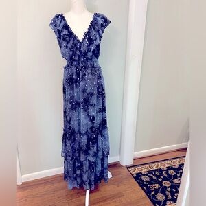 Stunning slate blue and silver chiffon lined ruffled dress!